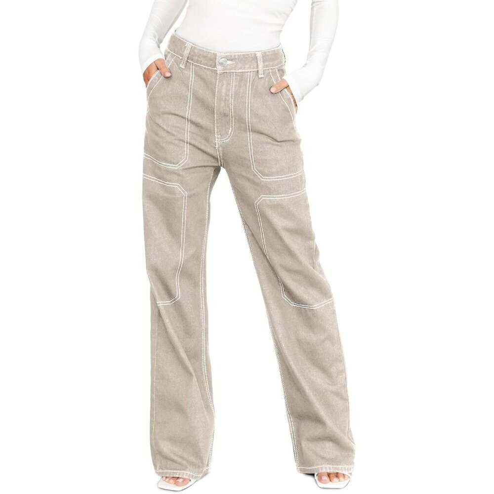 Women's Apricot Casual Mid Waist Stretch Button Wide Leg Denim Cargo Pants